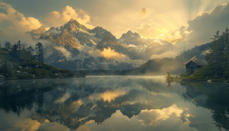 Sunny sunset at zittauerhuette lake, Salzburg, austria - mountain landscape viewの写真素材