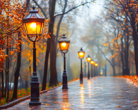 Warm glow from antique lamps reflects on glistening pavement amidst rustling leaves, creating a peaceful, nostalgic park scene at twilight.の写真素材