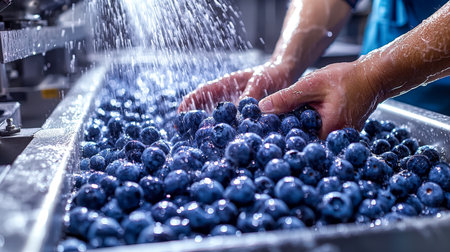 Worker's hand gently separates ripe blueberries submerged in water, highlighting freshness and quality control in a clean processing environment.の写真素材