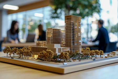 A detailed architectural miniature showcasing sleek apartment towers amid landscaped greenery and...