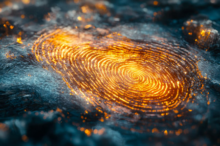 A luminous fingerprint impression with vibrant orange accents fluidly spins in shimmering water,...