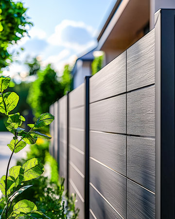 Sleek outdoor boundary with sleek, horizontal wooden textures complemented by vibrant foliage under bright sunlight, exuding contemporary elegance.の写真素材