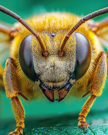 Focused shot of a honeybee's vibrant face revealing textured eyes, delicate antennae, and fine...
