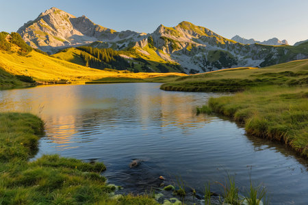 Sunny day sunset at zittauerhuette mountain lake, offering breathtaking views in salzburg, austriaの写真素材