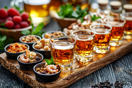 A diverse spread of colorful drinks and savory bites arranged on aged wood, perfect for sharing during a joyful gathering or special event.の写真素材