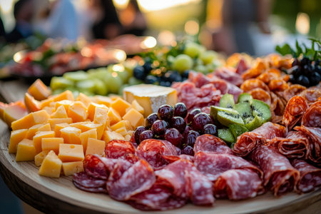 A vibrant selection of ripe fruits, savory cured meats, and creamy cheeses arranged elegantly on a...