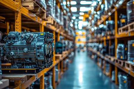A spacious warehouse featuring organized rows of metal racks filled with various automotive components, creating a mechanical and industrial atmosphereの写真素材