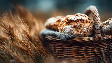 Warm golden loaves nestled in a handcrafted wicker basket, resting on ripe wheat stalks, evoking a rustic harvest ambiance.の写真素材