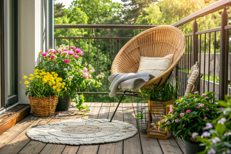Stylish city terrace with wooden floor, chair, and green potted plants- cozy relaxing urban spaceの写真素材