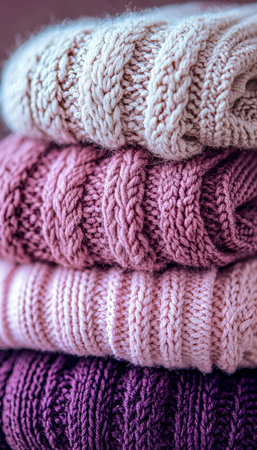 A neatly arranged pile of plush, hand-knit sweaters in gentle blush and lavender shades, perfect for a warm, inviting atmosphere.の写真素材