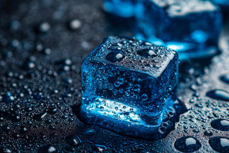 A crisp, detailed shot capturing a vibrant blue ice chunk with glistening moisture beads, set on a dewy surface evoking refreshment and coolness.の写真素材