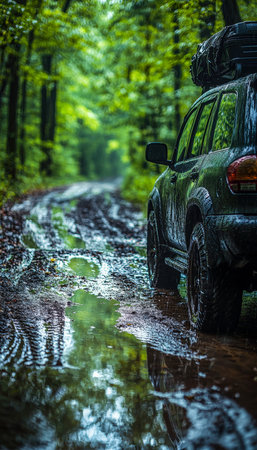 A rugged suv powers through a soaked, leaf-strewn path in a dense forest, splashing mud amid a...
