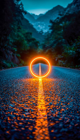 A luminous ring floats above a deserted mountain trail at sunset, casting an ethereal glow amidst rolling hills and fading twilight.の写真素材