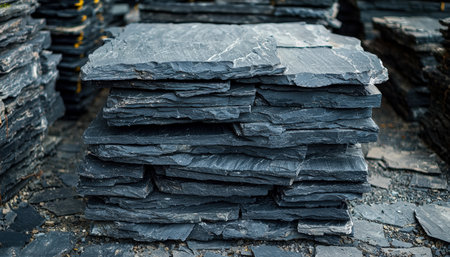 Rough-cut slate slabs arranged in a neat pile amid a rugged quarry setting, evoking natural textures suitable for modern interior or outdoor design.の写真素材