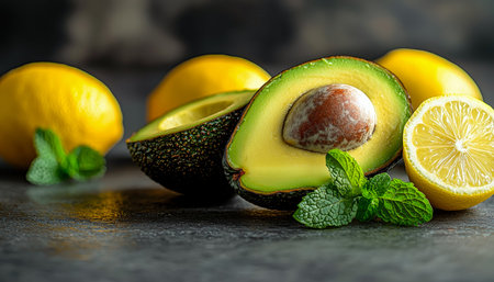 Juicy green avocado, zesty lemon slices, and fragrant mint leaves are artfully arranged on a sleek...