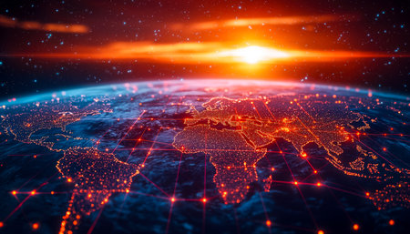 A vibrant depiction of interconnected digital pathways across glowing continents, bathed in the first light of dawn over a thriving, illuminated planeの写真素材
