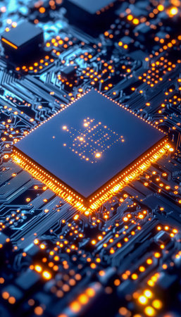 A detailed view of a sleek microprocessor embedded in a vibrant circuit board, showing glowing...