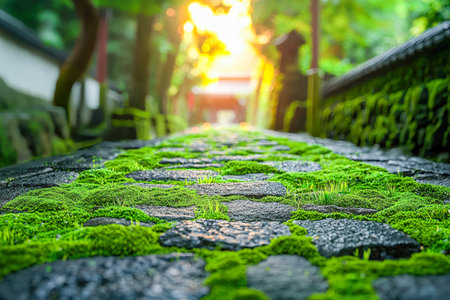 A peaceful garden scene with a winding stone trail blanketed in lush moss, glowing softly under the warm hues of a setting sun.の写真素材