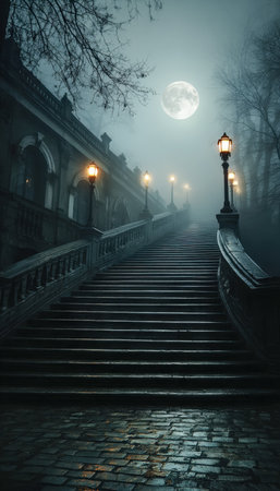 A dimly lit staircase winding through a foggy evening, illuminated by vintage street lamps, creating a moody, enchanting atmosphere under the night skの写真素材