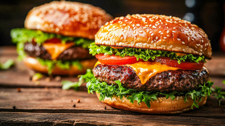 Succulent cheeseburgers topped with crisp vegetables, nestled in toasted sesame buns, arranged on weathered wood for a rustic, mouthwatering appeal.の写真素材
