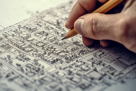A person sketches detailed blueprints of a suburban community, focusing on precision and design, creating an inspiring landscape at a worktable.の写真素材