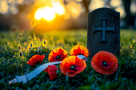 A tranquil cemetery scene at dusk featuring a weathered stone adorned with vibrant red poppies and a solemn memorial ribbon, evoking remembrance and sの写真素材