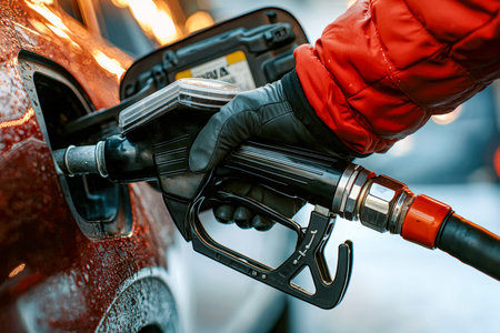 A driver fills their vehicle from a modern fuel dispenser under a clear sky, capturing a moment of...