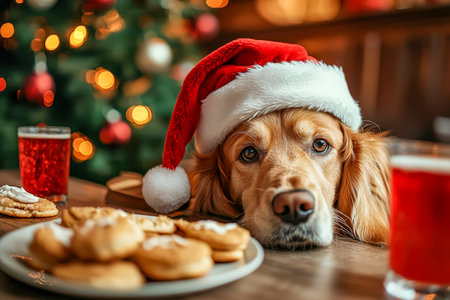Adorable dog wearing a Santa hat sits among colorful holiday cookies on a decorated table, radiating cheerful charm and festive spirit.の写真素材