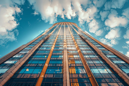 Symmetrical glass building with numerous windows creating stunning city skyline viewの写真素材