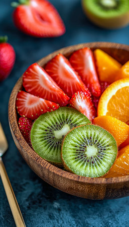 Vibrant slices of tropical and berry fruits arranged in a rustic wooden bowl create a colorful,...