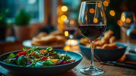 A vibrant bowl of mixed greens and fresh vegetables paired with a glass of rich red wine, set in an inviting, intimate restaurant ambiance.の写真素材