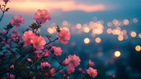 Delicate pink blossoms emerge against a vibrant sunset, with shimmering city lights creating a...