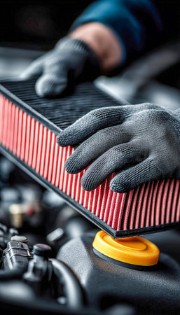 A mechanic crouches in a brightly lit engine compartment, carefully fitting a new air filtration...