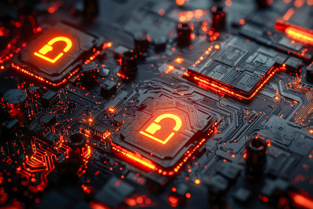 Macro shot of a computer chip with glowing lock symbols, symbolizing secure data flow and modern digital protection technology.の写真素材