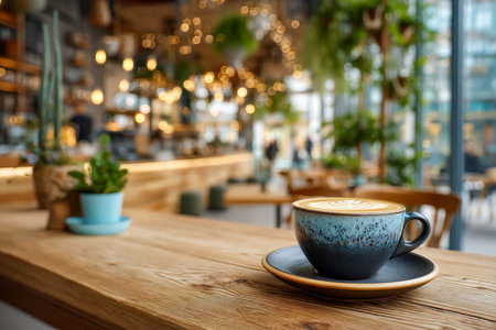 A steaming coffee cup adorned with intricate foam patterns, set on rustic wood, evoking warmth and relaxed cafe ambiance.の写真素材