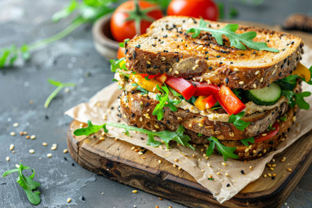 Nutritious hummus sandwich with mixed vegetables on multi-grain bread for healthy eatingの写真素材