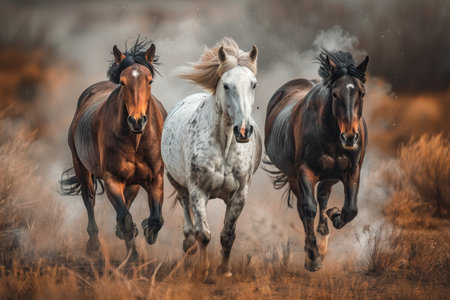 Three majestic horses running wild and free across the expansive desert landscapeの写真素材