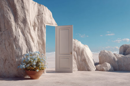 A rustic door stands ajar amidst rugged rocks, with a vibrant flower pot nearby under a clear,...
