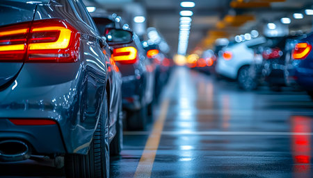 A lineup of sleek vehicles resting under vivid artificial lighting, their glossy surfaces reflecting vibrant hues within a spacious, urban undergroundの写真素材
