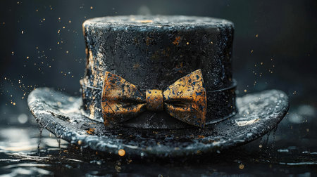 A weathered black top hat featuring a tarnished gold bow, damp and shadowed with an aura of mystery,...