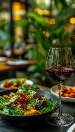 An elegant scene featuring a ruby-red wine glass citrus-cut greens and vibrant vegetables, capturing a sophisticated dining moment a cozy restaurant sの写真素材