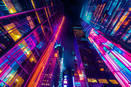 Cityscape neon lights showcasing vibrant and intricate patterns in urban illuminationの写真素材