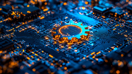 An advanced tech panel featuring intricate circuitry and a luminous gear icon at its core, highlighting innovation and mechanical-electronic integratiの写真素材