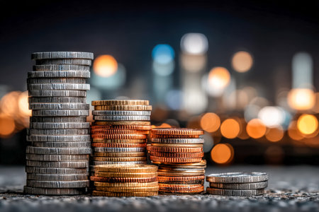 Glimmering coin towers against a vibrant city night glow, illuminated by soft bokeh stars, evoking themes of wealth, urban growth, and ambition.の写真素材