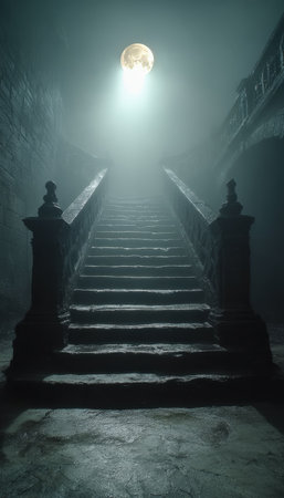 A shadowy staircase under a glowing moon ascends into thick fog, evoking a haunting atmosphere perfect for eerie or fantasy-themed projects.の写真素材