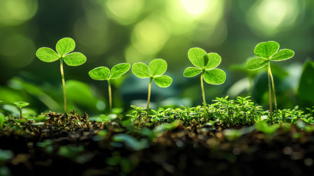 Bright young clover shoots sprout in nourishing soil, their lively green leaves basking gently in tender sunlight, evoking freshness and growth.の写真素材