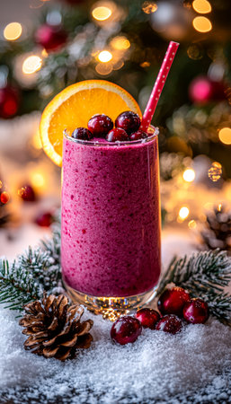 A vibrant red berry blend topped with a bright orange wedge, surrounded by sparkling holiday ornaments and shimmering ribbon accents.の写真素材