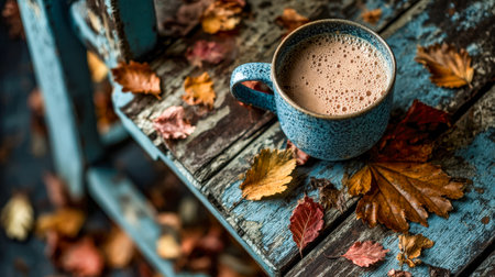 An inviting cup of steaming hot chocolate rests on aged wooden planks, encircled by vivid autumn foliage, evoking warmth and seasonal tranquility.の写真素材