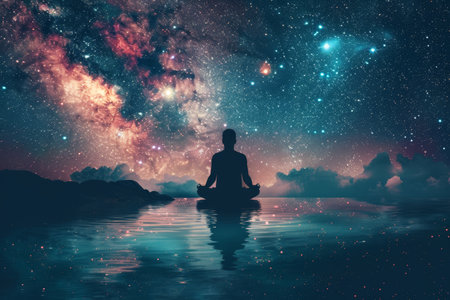 Man meditating under stars, full moon, milky way, universe, colorful night sky with falling starの写真素材
