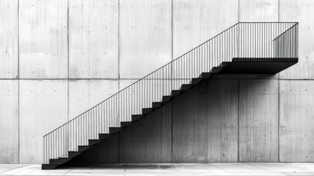 A sleek outdoor ascent featuring a slim metal handrail alongside a rough concrete backdrop, evoking simplicity and modern urban design.の写真素材